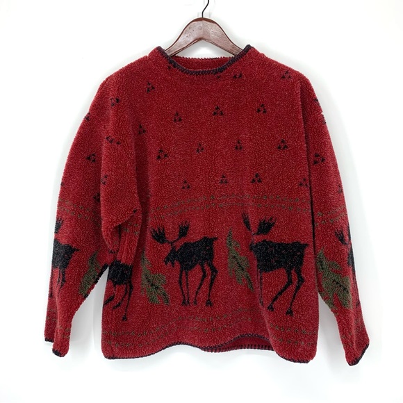 Alps Finest Quality Apparel Moose Print Winter Teddy Red Sweatshirt Size Large - Picture 1 of 16